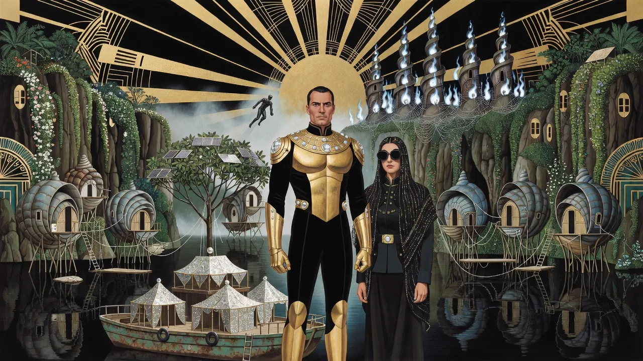 Across a dark bay, tall shell houses on a cliff flare with blue-white fire inside webs of mist while a small black figure dives from the sky; a man in gold armour and a dark-haired person in black eye-cups and a beaded shawl stand in the foreground beside a barge.