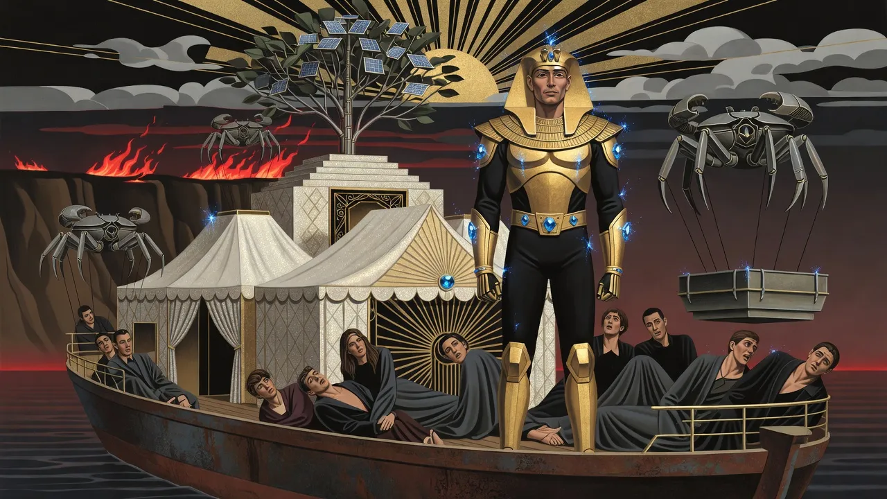 On a barge deck lit red by distant fire, a man in gold armour and a pharaoh-style head-dress stands amid a ring of fallen people as large crab-like flying machines descend.