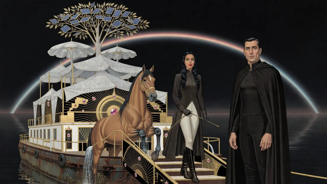 At night on a barge deck, a wet horse rears at the top of a gangway while a woman in a riding habit, crop in hand, walks toward an astonished man in a black cloak.