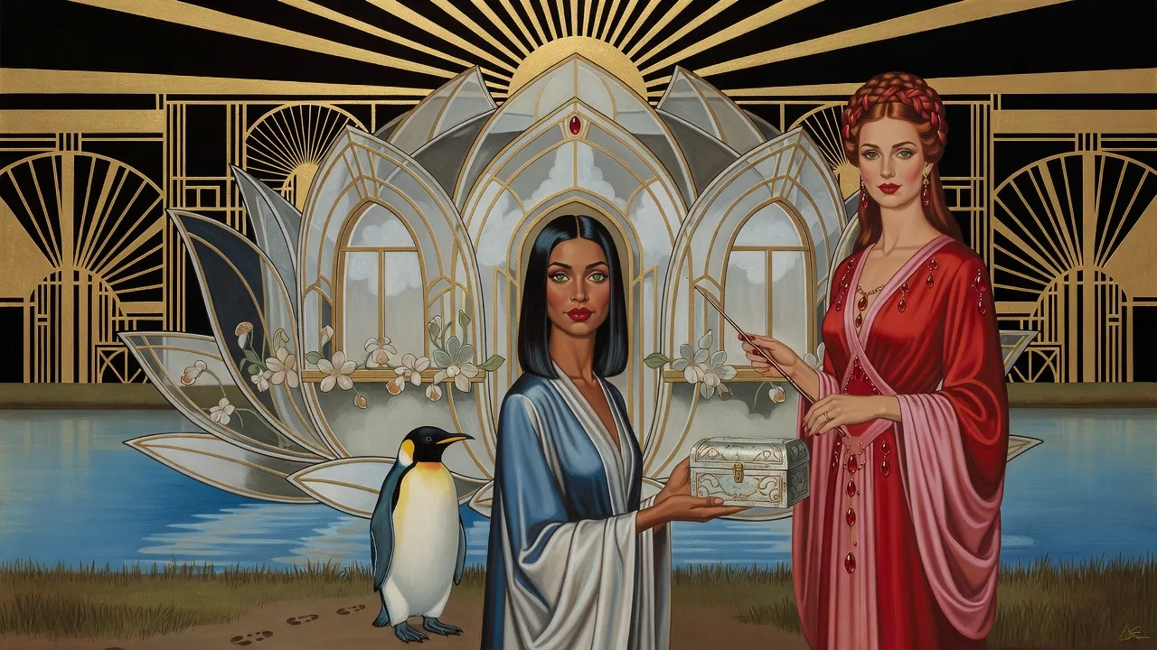 Beside a crystal-lotus house on an azure lake, a woman in blue-and-silver robes takes a small silver casket from a tall red-haired queen in scarlet silk who holds a slender wand, while a portly penguin stands by leaving wet footprints.