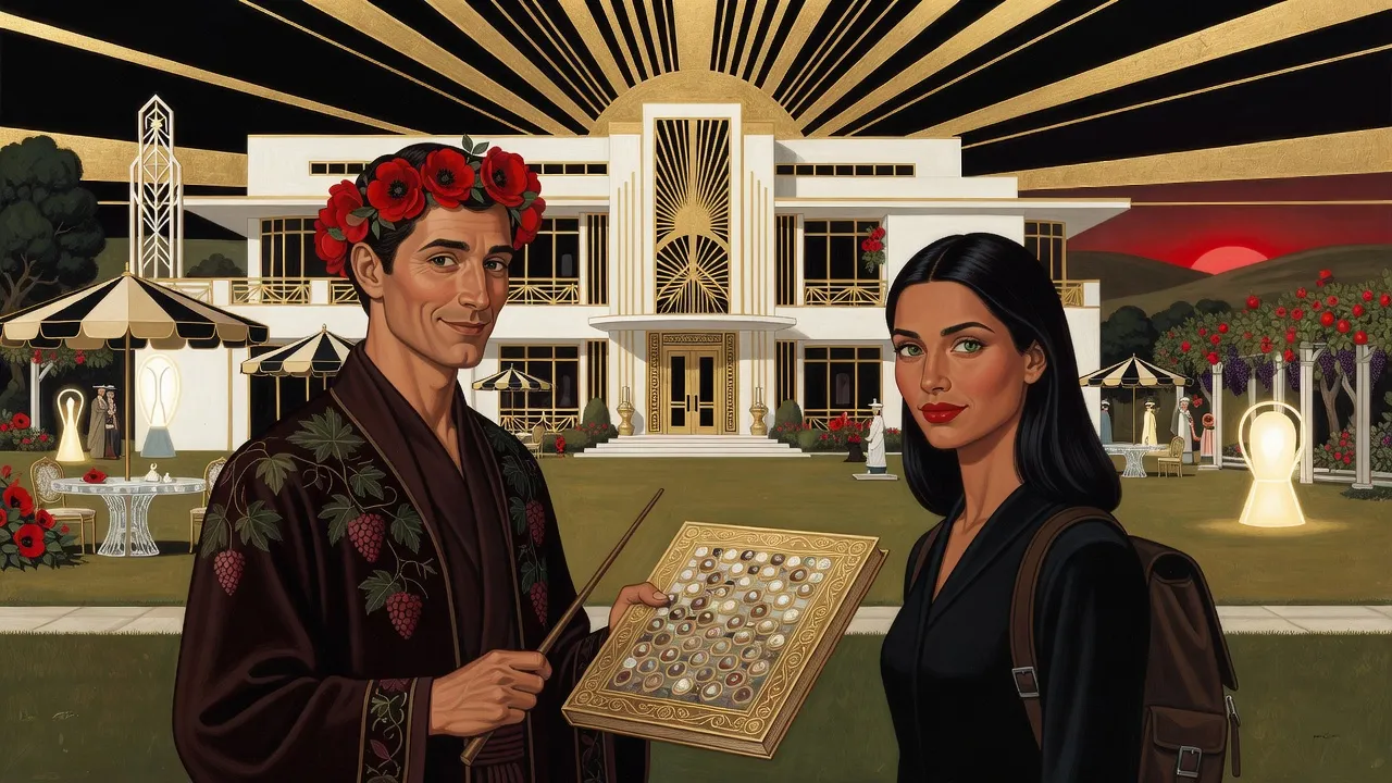 On a sunny lawn of pavilions and arbors before a white mansion, a dark-haired man crowned with poppies presents a flat gold tablet to a young woman with a pack on her back.