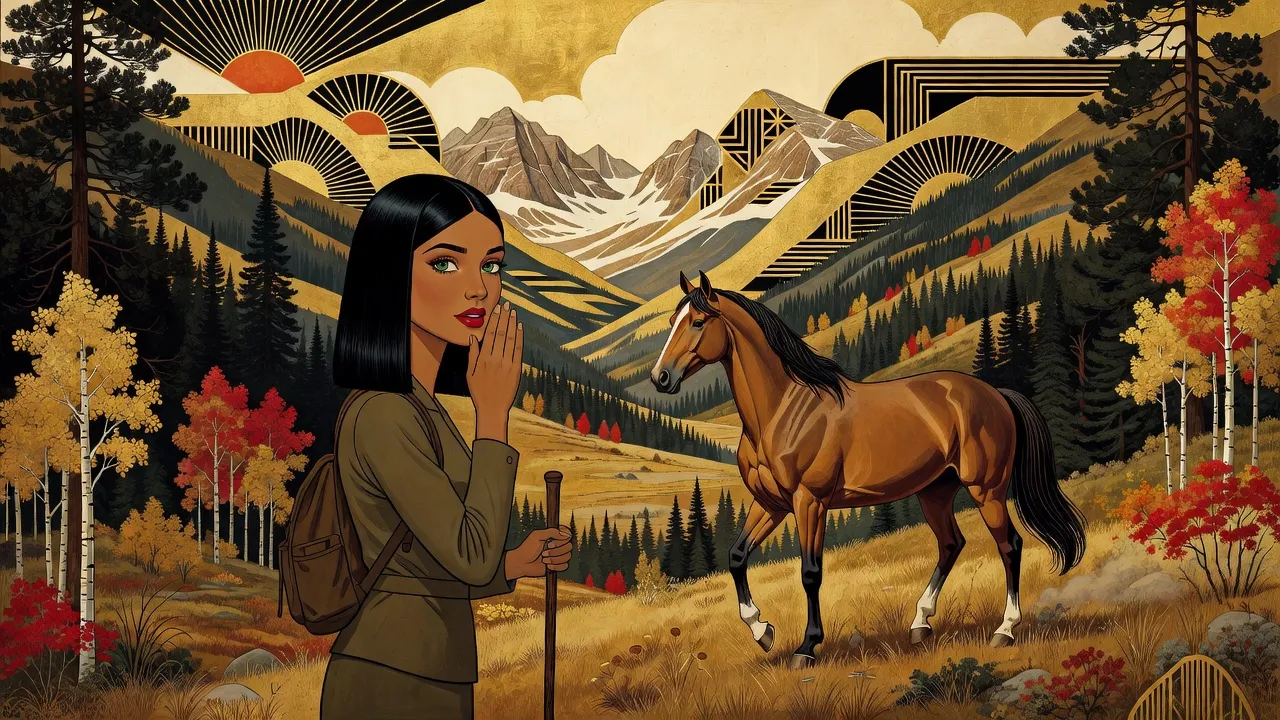 In an autumn mountain valley of pines and golden trees, a woman with a walking stick calls to a tawny stallion trotting down the slope toward her.