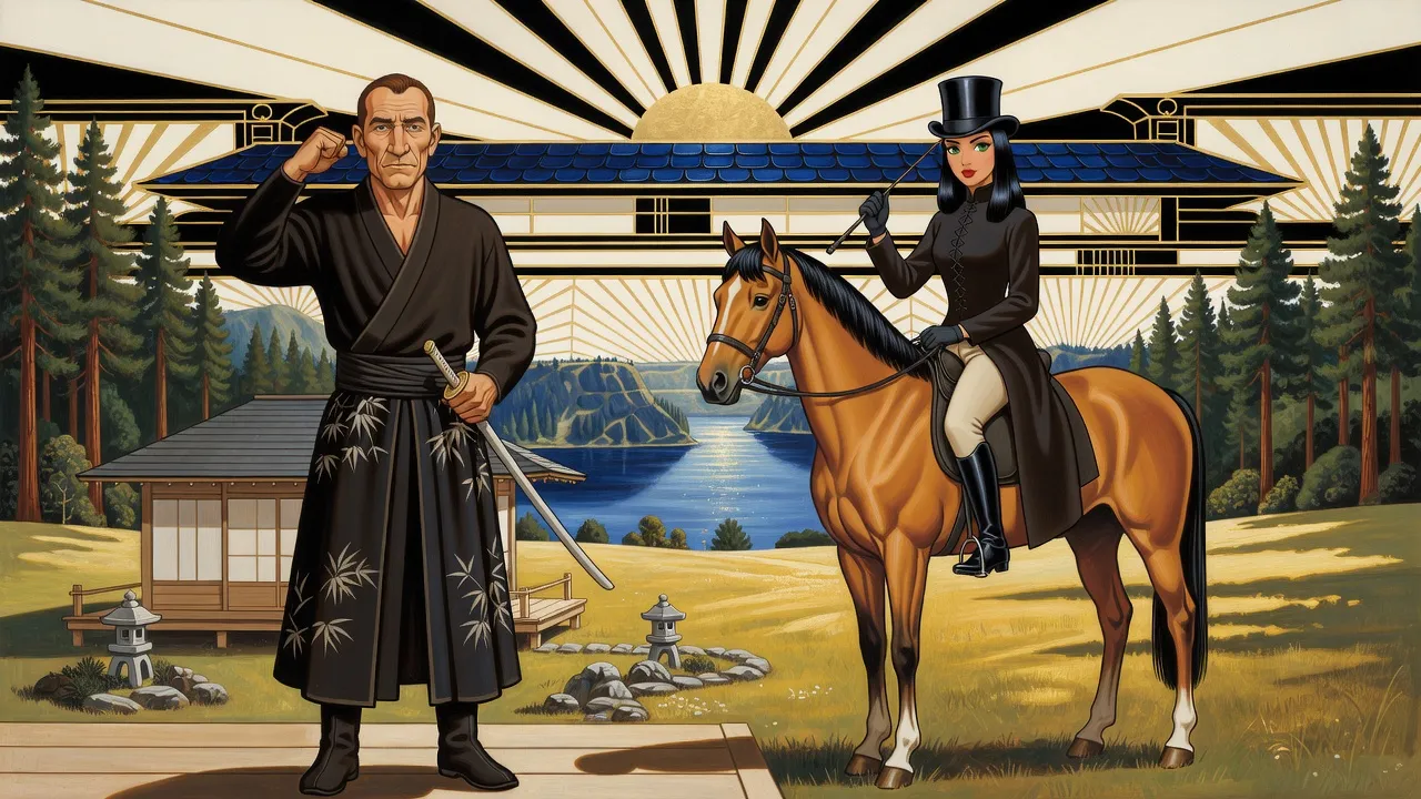 A man in a dark bamboo-print tunic and divided skirts, a sword in his hand, salutes with a fist in his palm while a woman on a bay horse touches her crop to her black top hat, a pale-wood cottage and a lake valley behind them.
