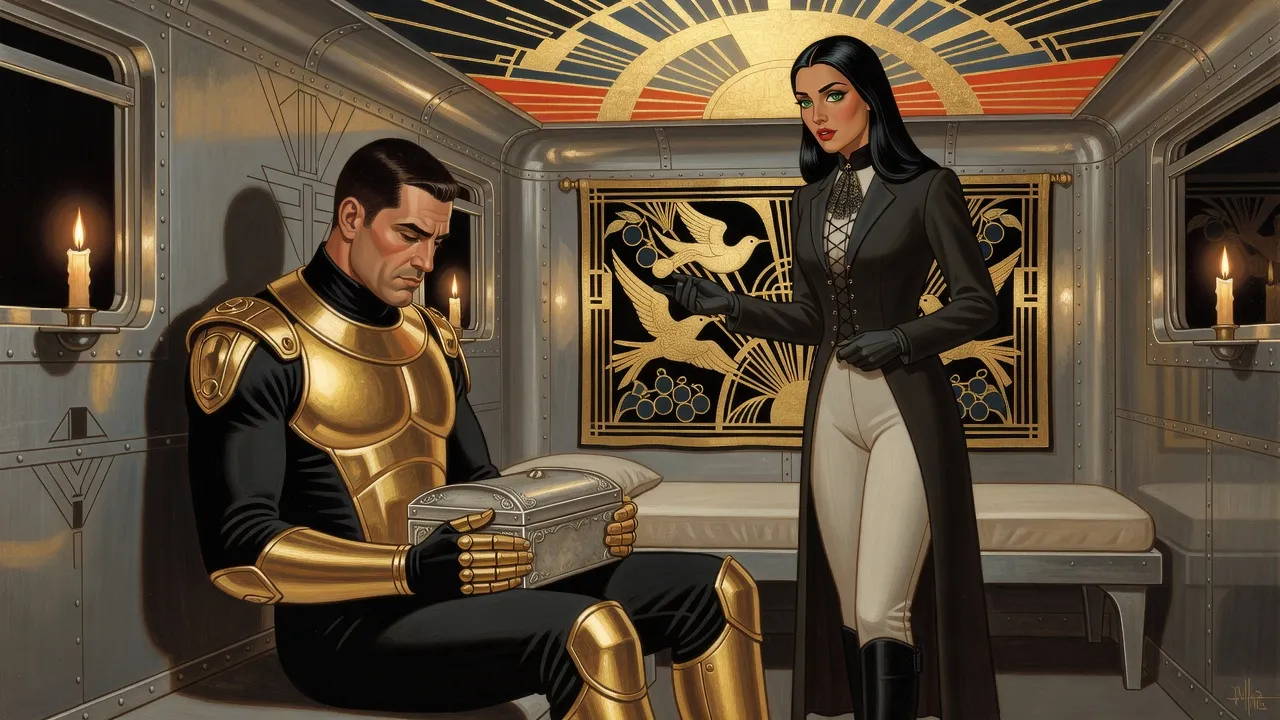 In a candle-lit steel cabin, a man in gold-and-black armour sits slumped against the wall with a small silver casket in his lap while a woman in a riding habit stands over him, one hand half reached toward him.