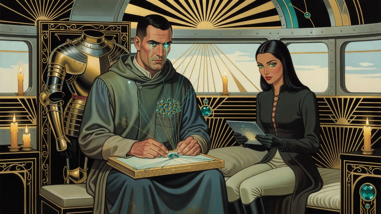In a candle-lit cabin, a man in a hooded blue-green coat studies a gold tablet in his lap, glowing threads rising from it, beside an empty suit of armour, while a woman on a cot holds a slate and watches.