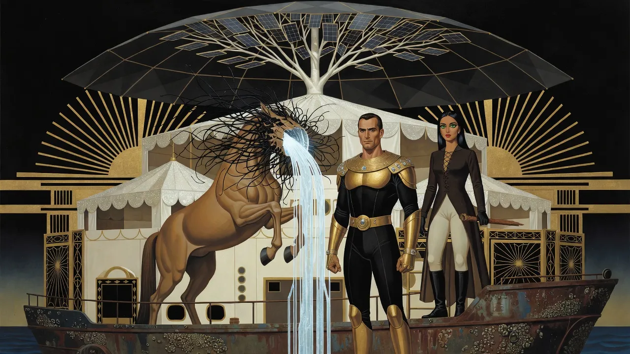 Under a dark dome on a barge deck, a monstrous horse-shaped creature rears upright, glowing blue-white, as a man in gold armour shields a woman holding a broken wooden leg as a club.