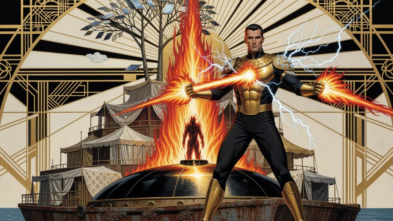 On a dark domed deck, a man in gold armour blasts fire, lightning and a beam of light from his armour into a towering column of flame.