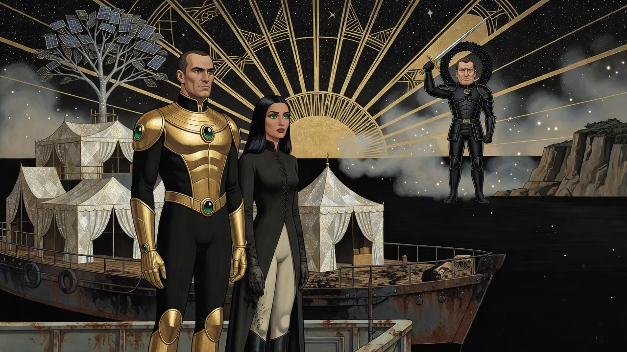 Across a dark bay a small armoured figure with a halo of black scales raises a silver sword in salute, while a man in gold armour and a woman in a riding habit watch from a scorched barge.
