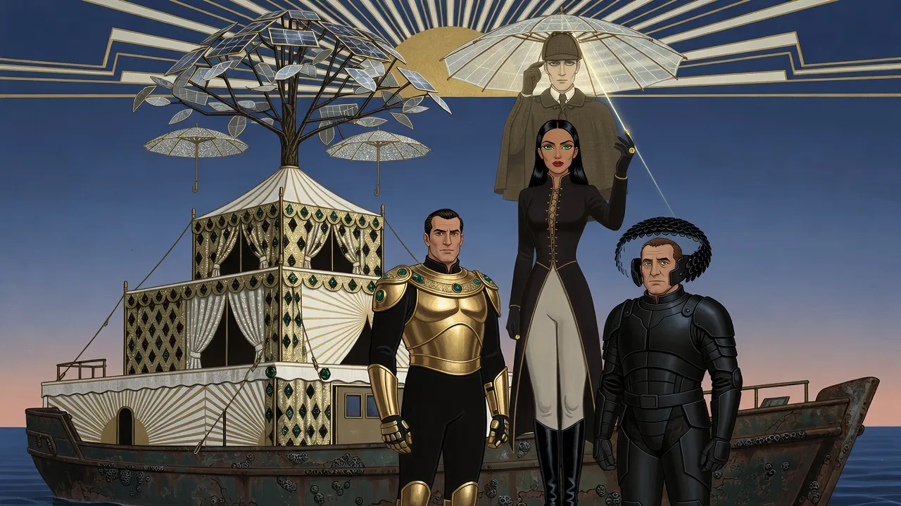 Before dawn on a barge deck, a woman raises her ringed hand and the glowing image of a Victorian detective in a deerstalker appears in a crystal parasol above her, while two armoured men stand beside her.