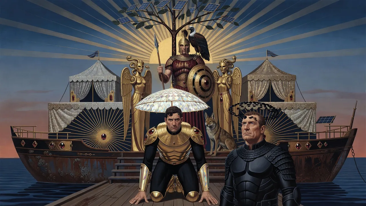The glowing image of a stern king in red-stained Greek armour with a vulture and a jackal, flanked by two winged masked figures, looms over a man on his hands and knees on a barge deck.