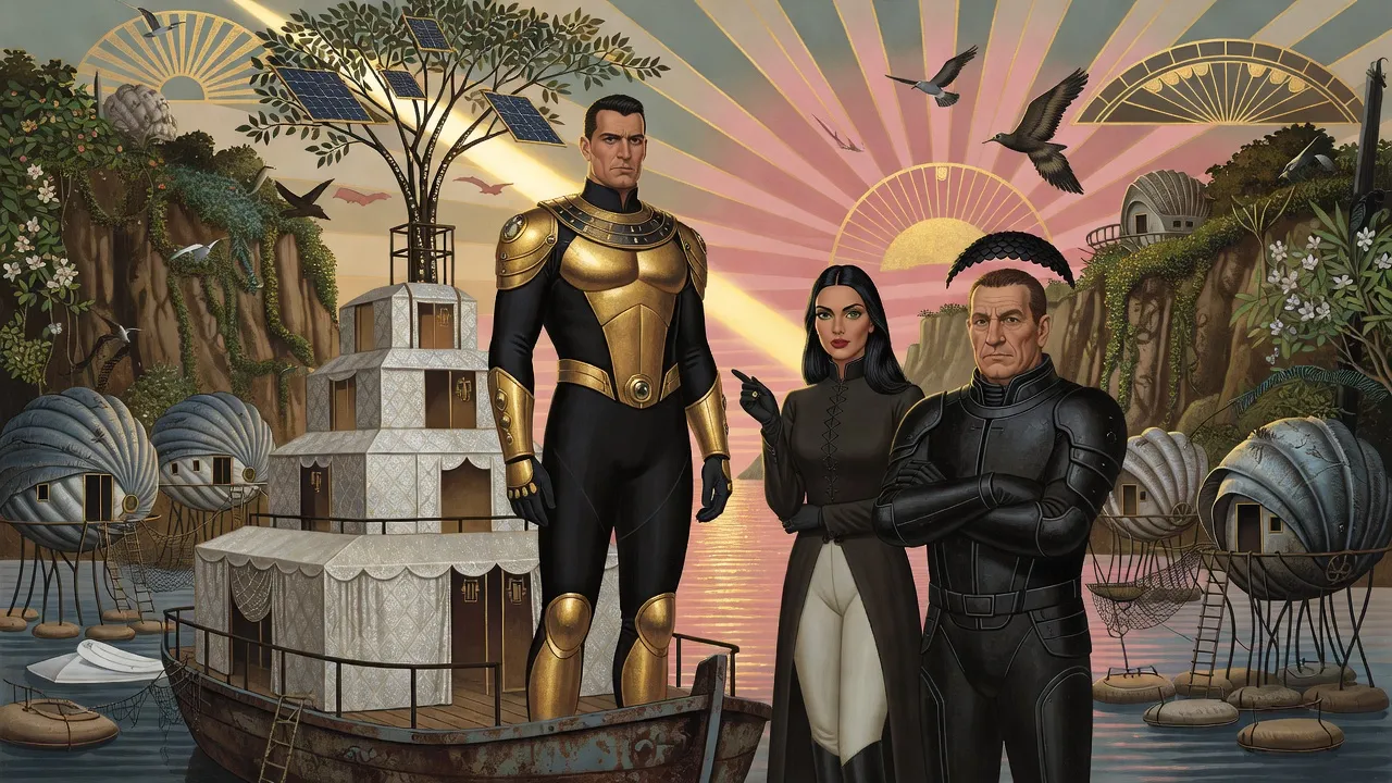At sunrise on a barge, a ray of golden light strikes a man in gold armour standing tall at the rail while a woman raises her ring toward him and an armoured soldier looks on.