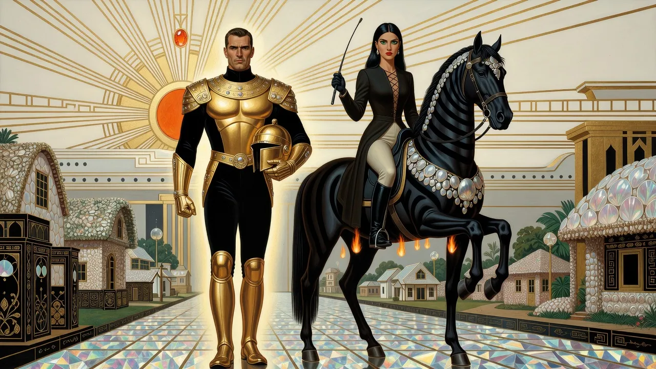 On a glassy road by a town of shell houses, a woman riding side-saddle on a rearing black horse with flames at its belly confronts a man in gold armour holding his helmet.