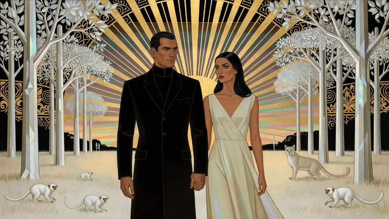 At a rainbow sunset in a grove of tall silver-white crystal trees, a man and a woman walk hand in hand while small white monkeys play in the grass.