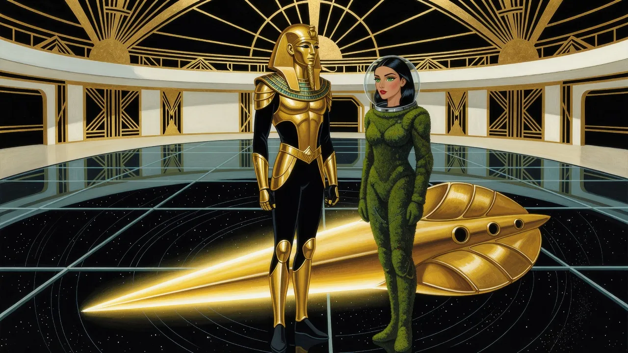 In a station hall with a glass floor, a man in closed gold armour and a woman in a moss-covered pressure suit stand lit from below by the glare of a huge golden starship.