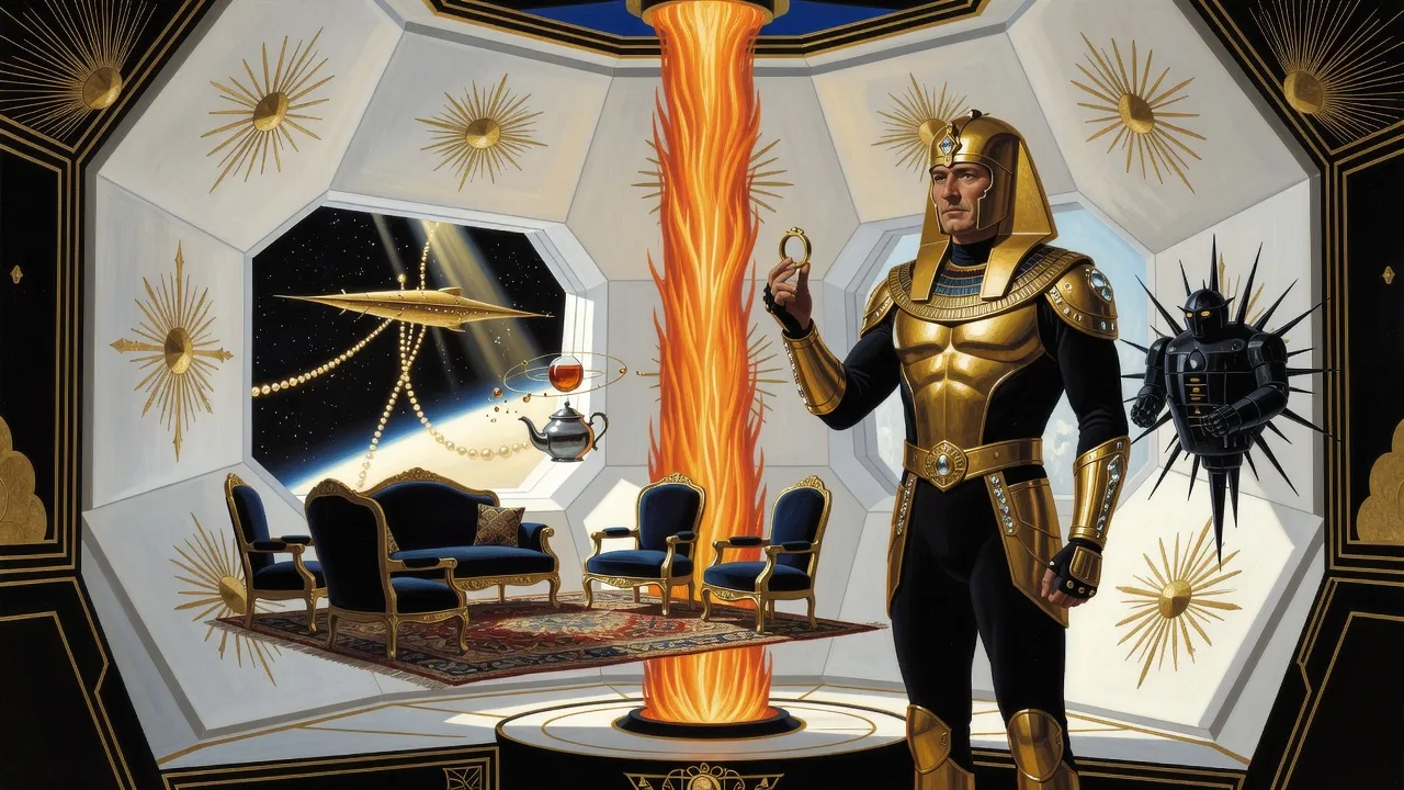 In a white twelve-sided chamber, a man in gold armour and a pharaoh-style helmet holds up a gold ring before a roaring pillar of flame, with Victorian chairs on a rug, a floating ball of tea, a spiked black robot and a golden ship in a window.