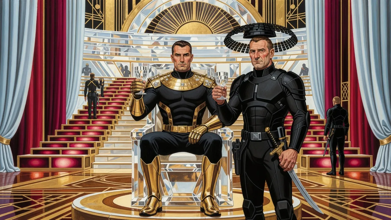 On a starship bridge with a polished wooden floor, tall coloured curtains and tiers of glowing panels, a man in gold armour on a throne touches crystal goblets with a soldier in black armour.
