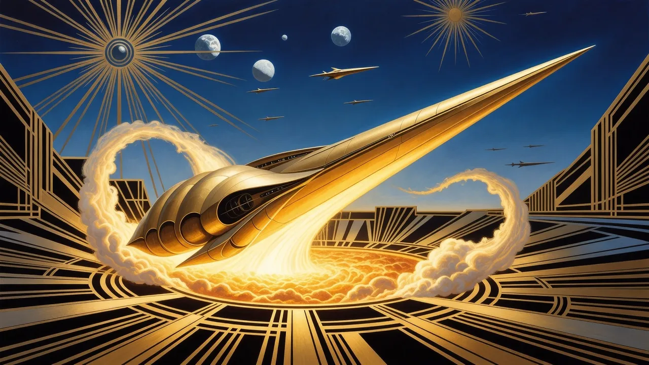 A colossal golden spear-shaped starship bursts upward out of a sea of solar fire, throwing a vast wake of glowing plasma, under a deep blue sky where a distant fleet waits.