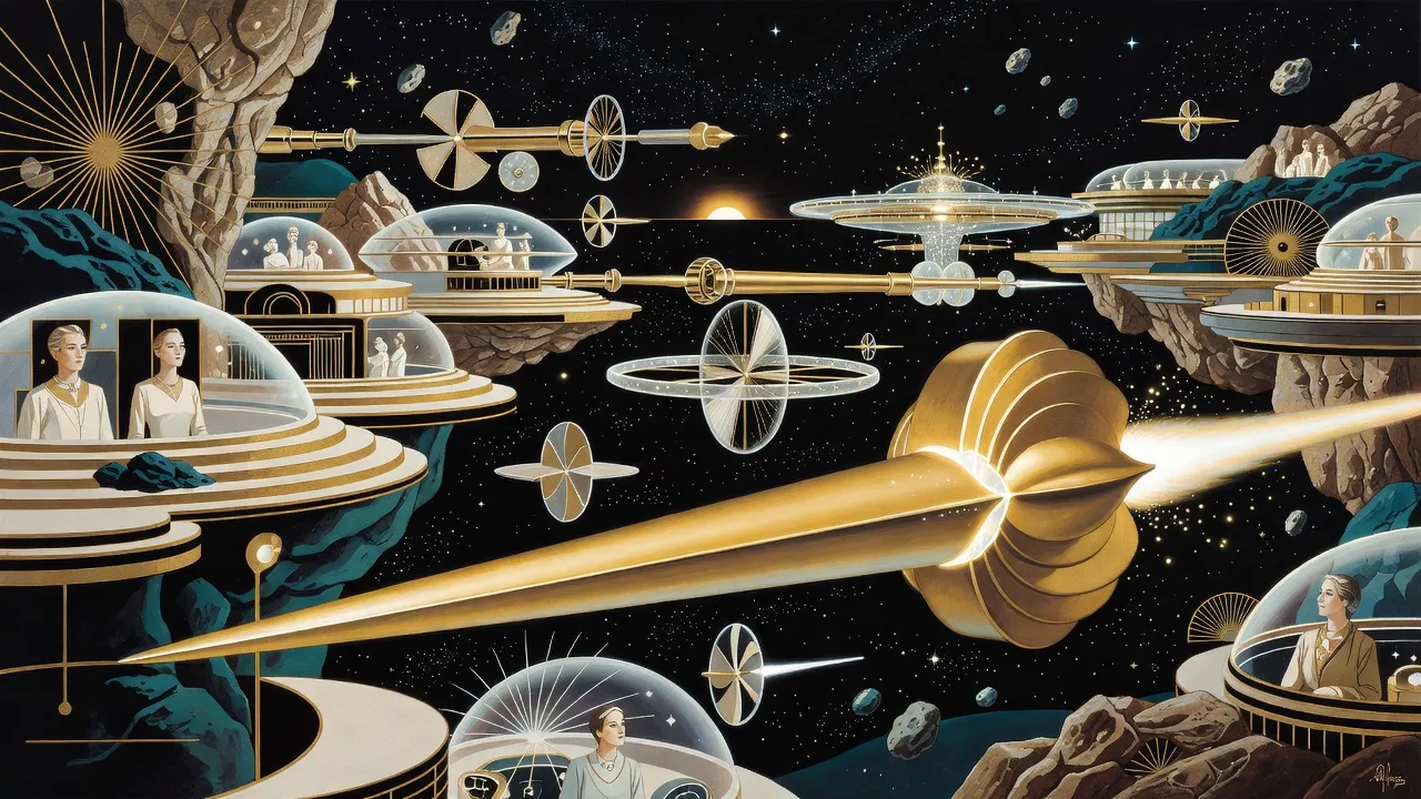 A vast golden spear-shaped starship flies stern-first on a column of fire among asteroid cities, bubble habitats and a spinning wheel-shaped station.