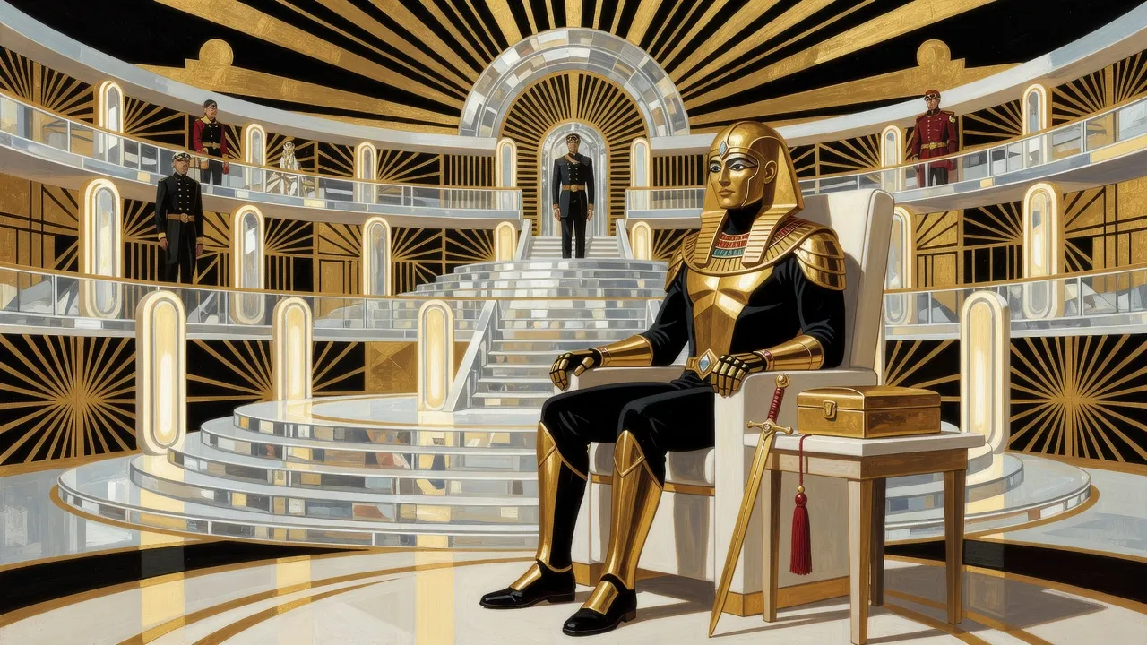 A figure in gold and black armour with a closed Egyptian-style helmet sits rigid in a tall chair on a vast crystal bridge, costumed mannequins standing on the balconies above.