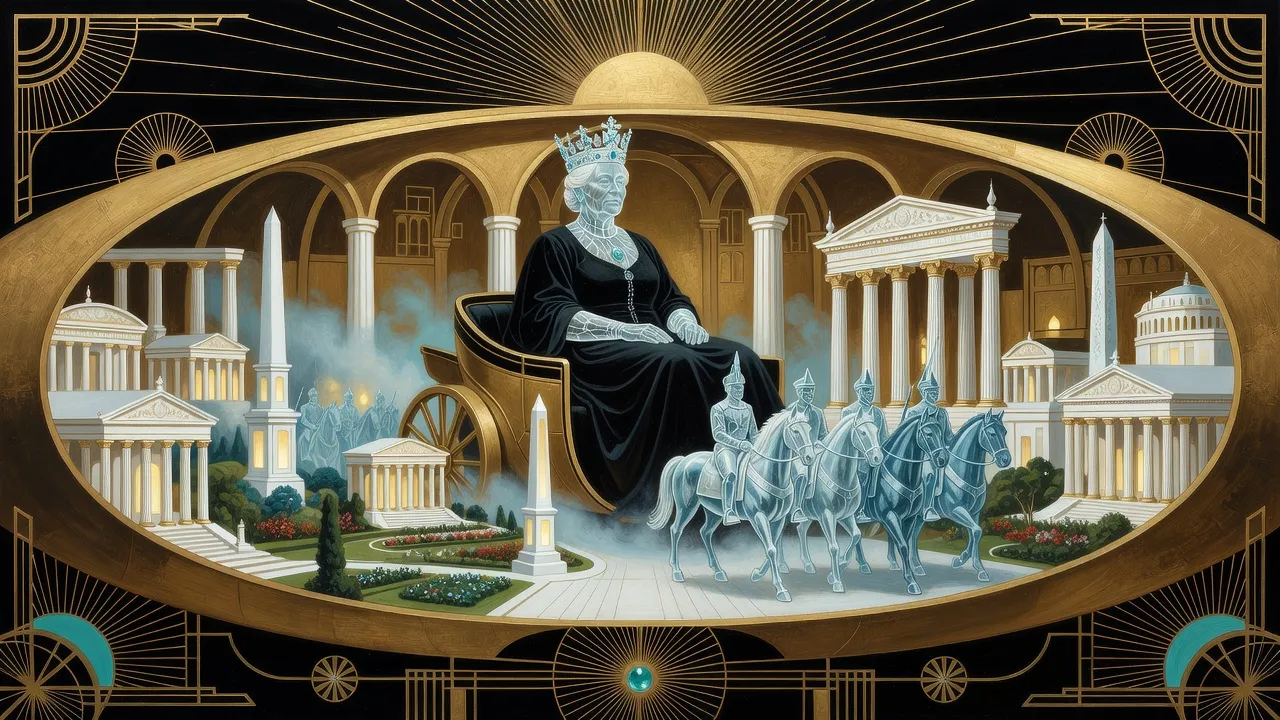A colossal queen with an ice-blue glassy face and hands, in a black gown and tall crown, rides in a vast open carriage through triumphal arches, escorted by glassy blue pikemen on glassy horses.