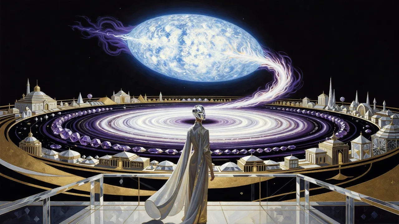 A blue-white giant star stretched into an egg shape streams its fire into a glowing disk around a black centre, ringed by belts of diamond palaces, a masked lord watching from a crystal balcony.