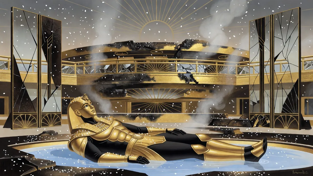 Pale flakes drift down over a scorched, steaming starship bridge onto a gold-armoured figure lying on its back in a pool of blue fluid.