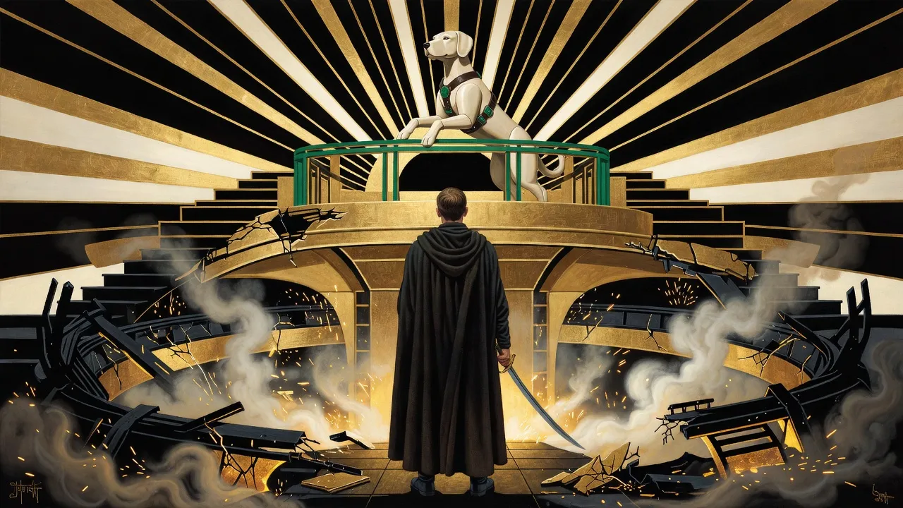 Seen from behind, a man wrapped from neck to ankles in a long dark cloak stands in steaming black wreckage, a curved sword at his side, looking up at a mannequin dog standing on its hind legs at a balcony rail.