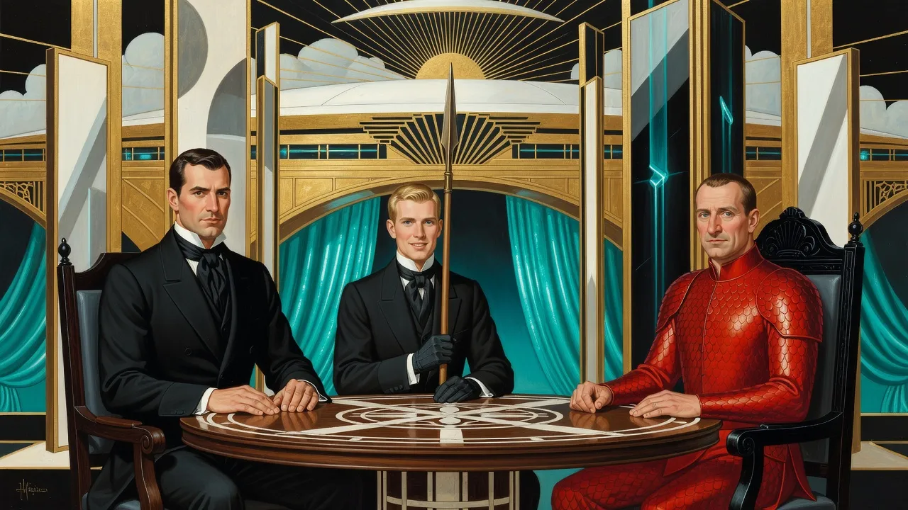 Two men in black Victorian frock-coats and a man in scarlet scale armour sit at a round wood-and-ivory table on a golden starship bridge.