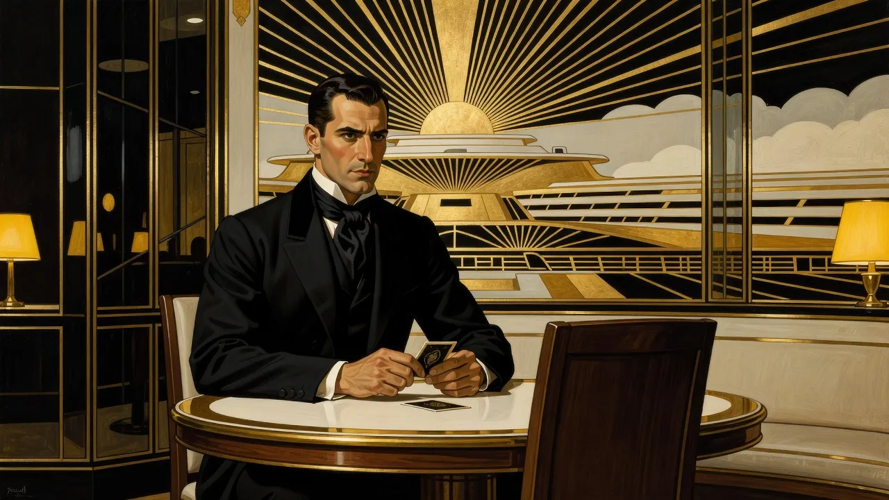 A dark-haired man in a black frock-coat sits alone at a round table on a golden bridge, turning a small card over in his fingers.