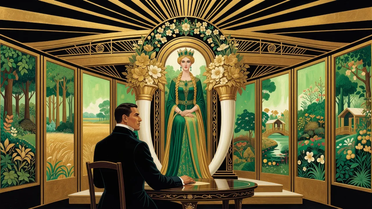 In tall mirrors glowing green, a queenly woman in green and gold sits enthroned between two great carved tusks under a canopy of flowers, a man in a black frock-coat seated at a round table before her.