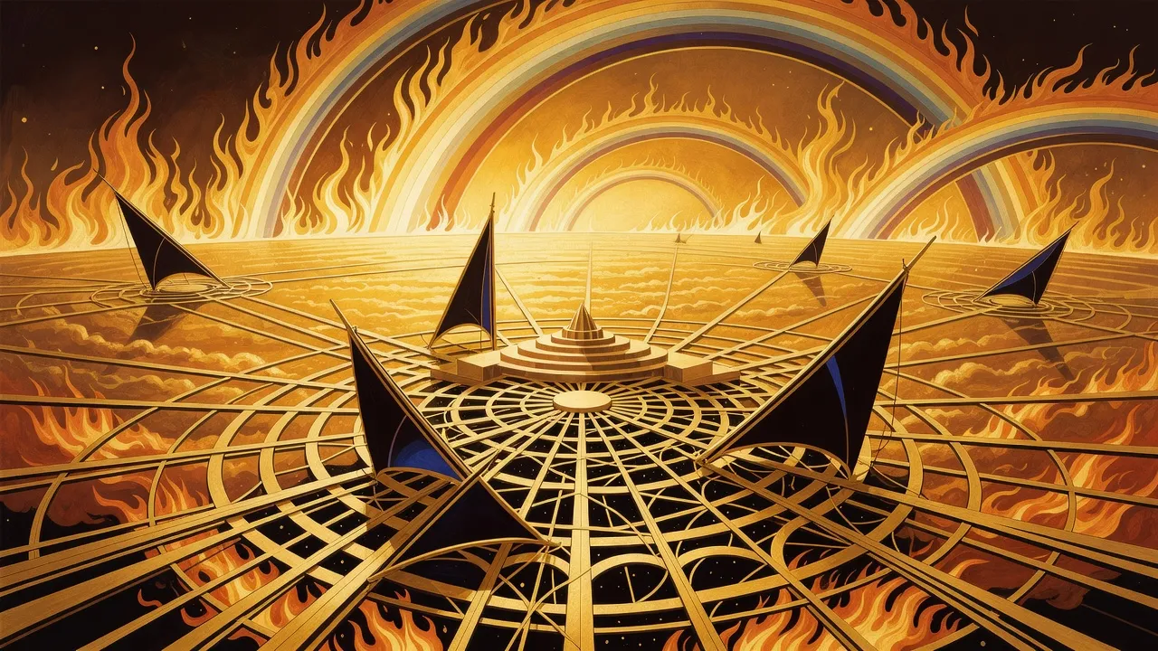 A colossal golden web of strands, coils and dark triangular sails stretches across the seething surface of the Sun under arching prominences of flame.