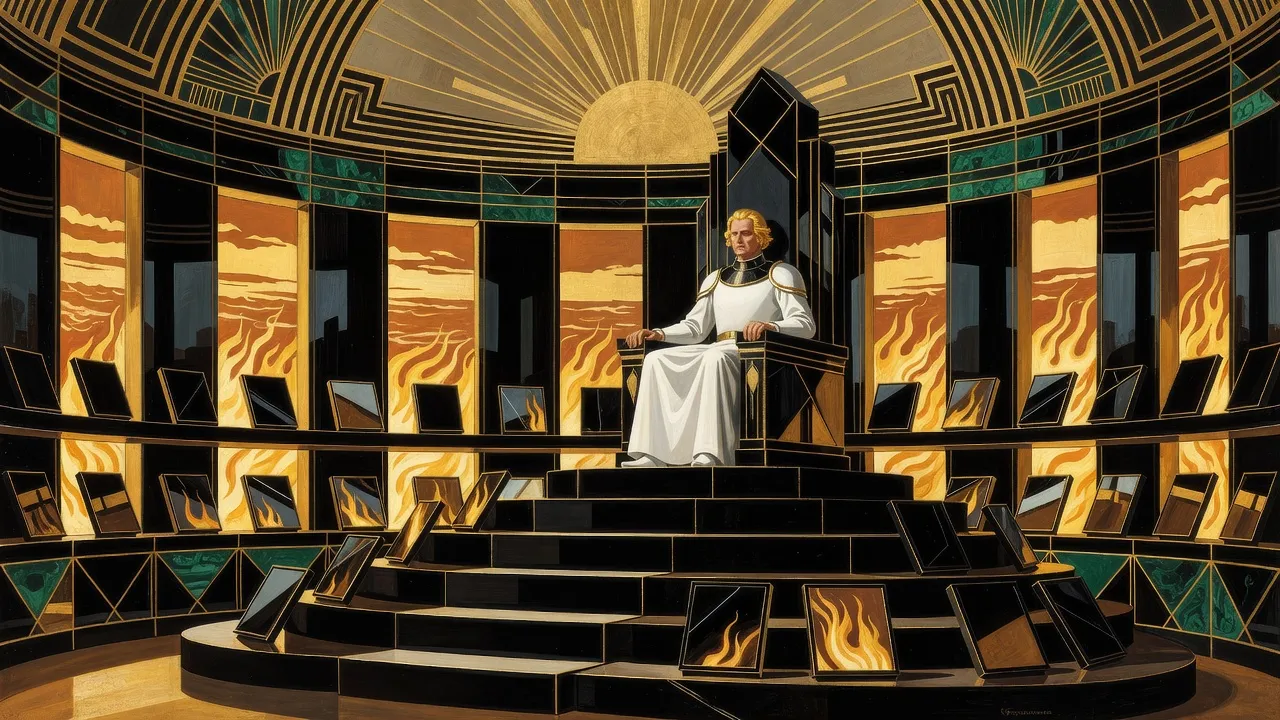 A golden-haired man in ice-white armour sits alone on a high throne atop a stepped hill of black boxes in a domed hall whose windows open on fire.