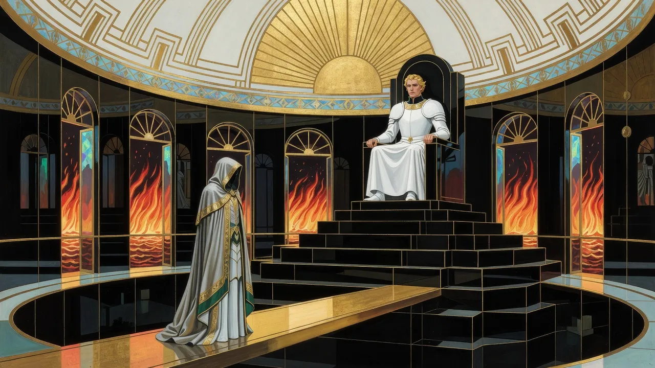 A hooded figure in a long grey cloak trimmed with gold and green stands on a balcony between windows of fire while a golden bridge extends toward it from a distant throne.