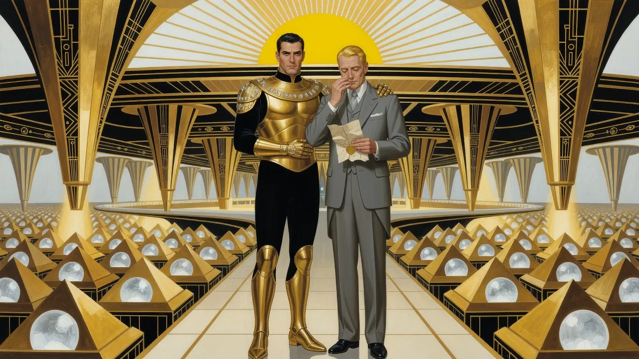 A dark-haired man in gold and black armour stands with an armoured hand on the shoulder of a golden-haired older man in a grey Victorian suit, who dabs his eyes with a crumpled parchment, on a walkway above a hive of glowing gold pyramids.