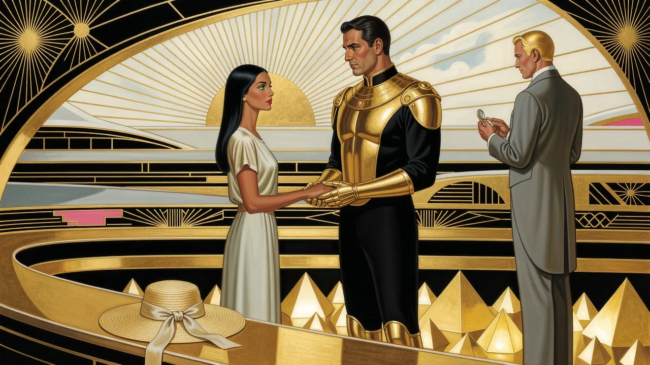 A straw sun-hat with twined ribbons lies on a ship’s walkway while, beyond it, a woman in pale silk and an armoured man stand hand in hand and an older man turns away to look at a pocket-watch.