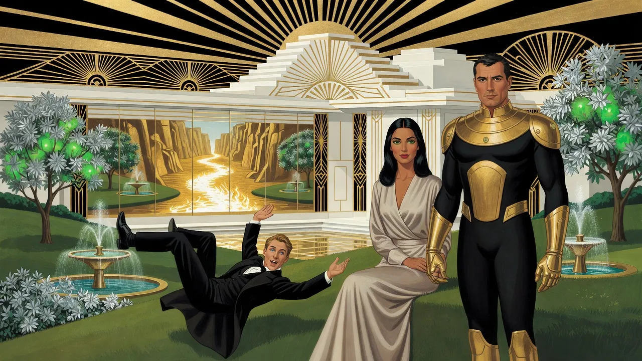 In a garden inside a starship, a man in armour stands hand in hand with a woman in pale silk under a pavilion while a man in a frock-coat tumbles down a lawn beside a wall-sized mirror of golden fire.