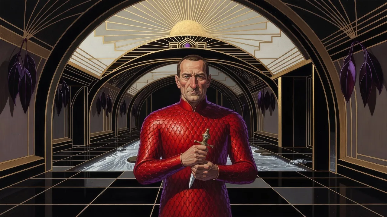 A grey-eyed soldier in scarlet scale armour stands in a dim curving corridor hung with dark purple glass leaves, looking down at a dagger in his hand.