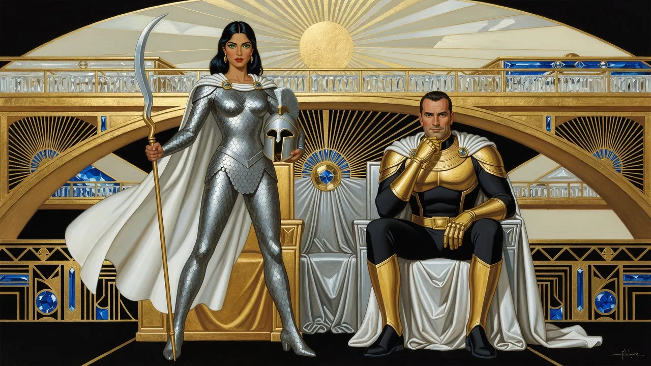 A dark-haired woman in silver-grey scale armour and a floating white cape stands before a gold throne and a silver throne, a plumed helmet in the crook of her arm, an armoured man seated and smiling.