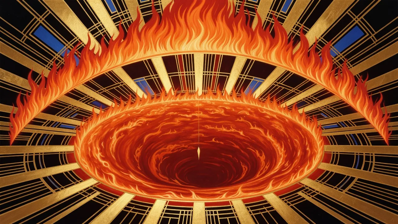 A tiny golden arrowhead of a ship plunges into a vast, slowly turning whirlpool of fire beneath a towering arch of flame on the surface of the Sun.