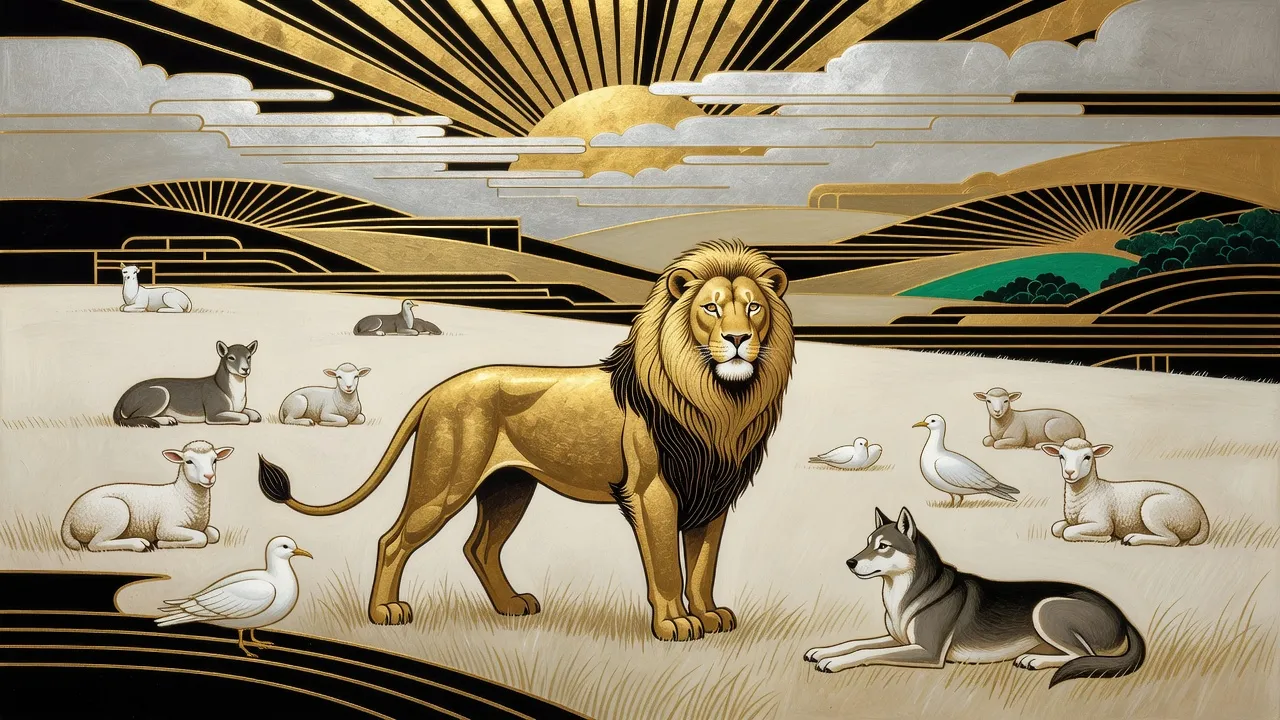 In a quiet dreamlike meadow, lambs, white birds and wolfish grey dogs lie still on the grass while one large gold lion stands, its tail lashing.