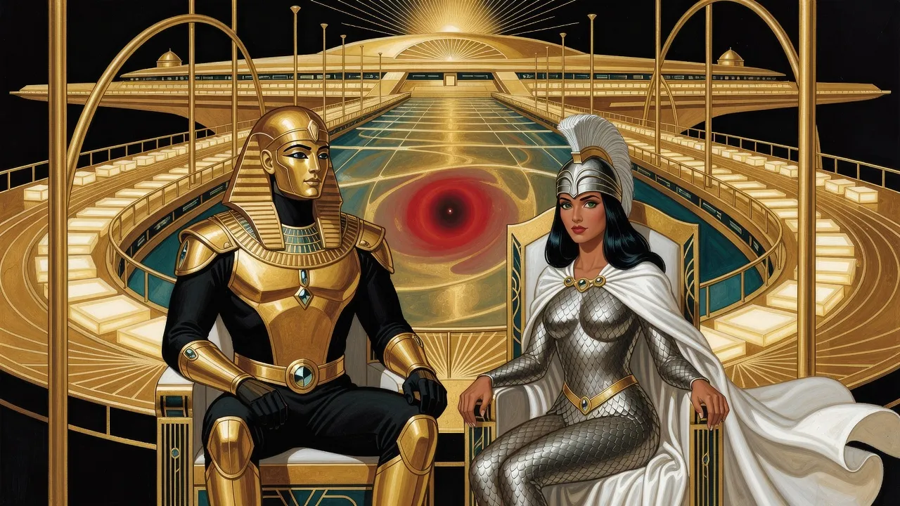 On a golden starship bridge, the balconies and tall poles bend inward toward a tiny point of darkness wrapped in a red haze, as an armoured man and a woman watch from two thrones.