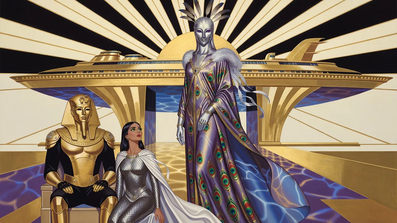 A towering masked figure in shimmering peacock-purple robes, silver gauntlets and a silver mask with amethyst eyes and feathery antennae stands on a golden bridge before two small seated figures.