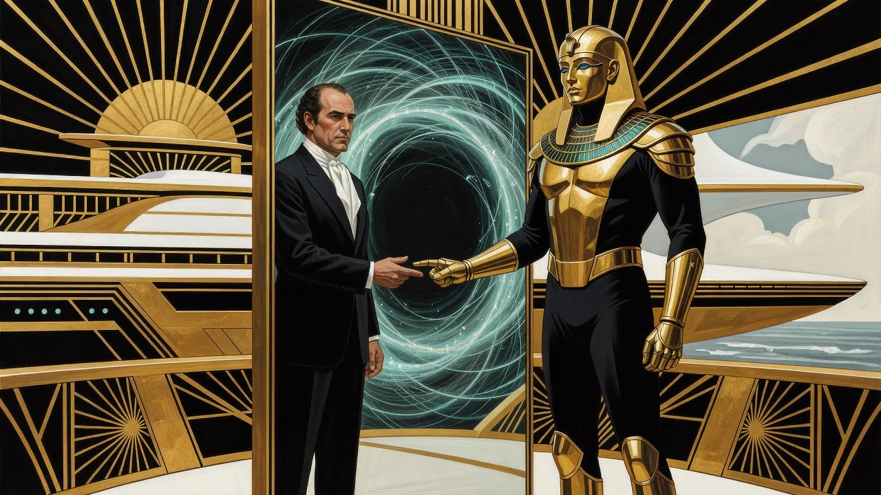 An armoured man touches a tall mirror in which his own bare-headed reflection in a black jacket and white cravat looks back, haloed by a spinning web of light around a dark centre.