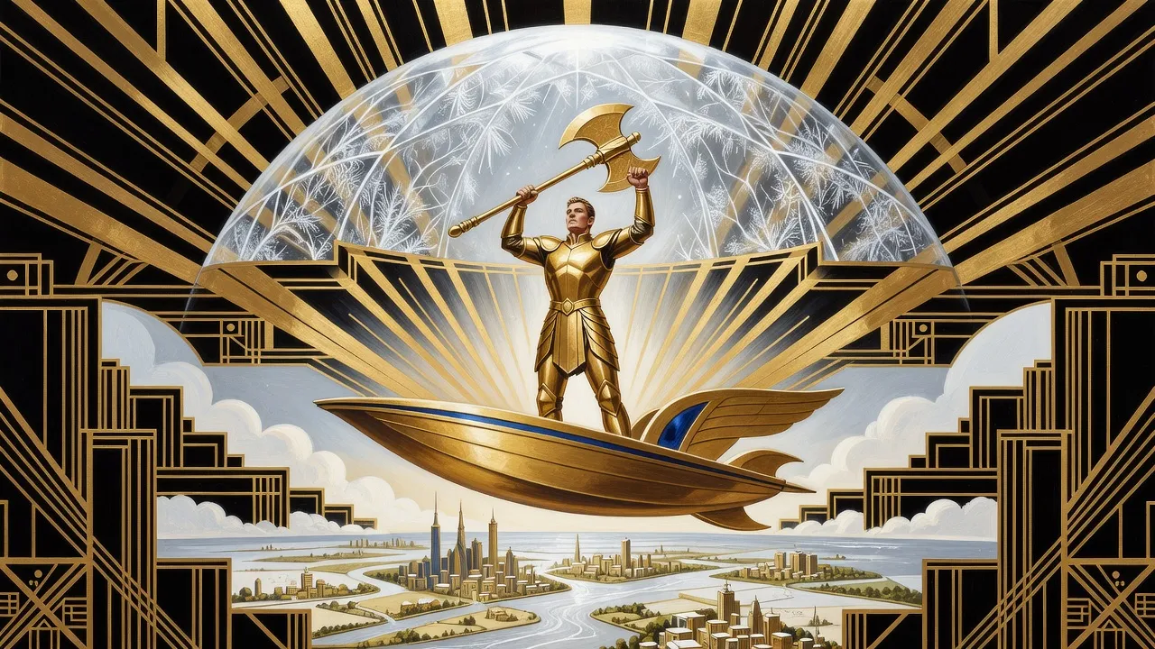 A hero in gold armour stands in a winged golden boat at the top of the sky, raising an axe against a crystal dome, a small world far below.