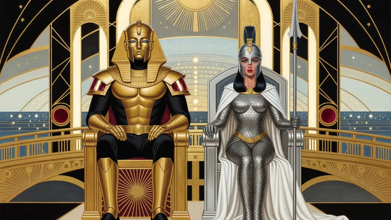 A man in a closed gold Egyptian-style helmet opens the gold plates on his shoulders as a woman in silver scale armour and a lowered plumed helmet sits beside him, mirrors glowing with a vast inner world of suns.
