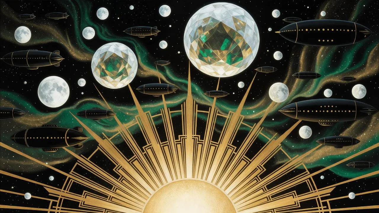 Huge faceted icy spheres, smaller moons and a fleet of long black rods studded with tiny gold ports hang above the Sun’s fiery corona amid shimmering green curtains of light like the northern lights.