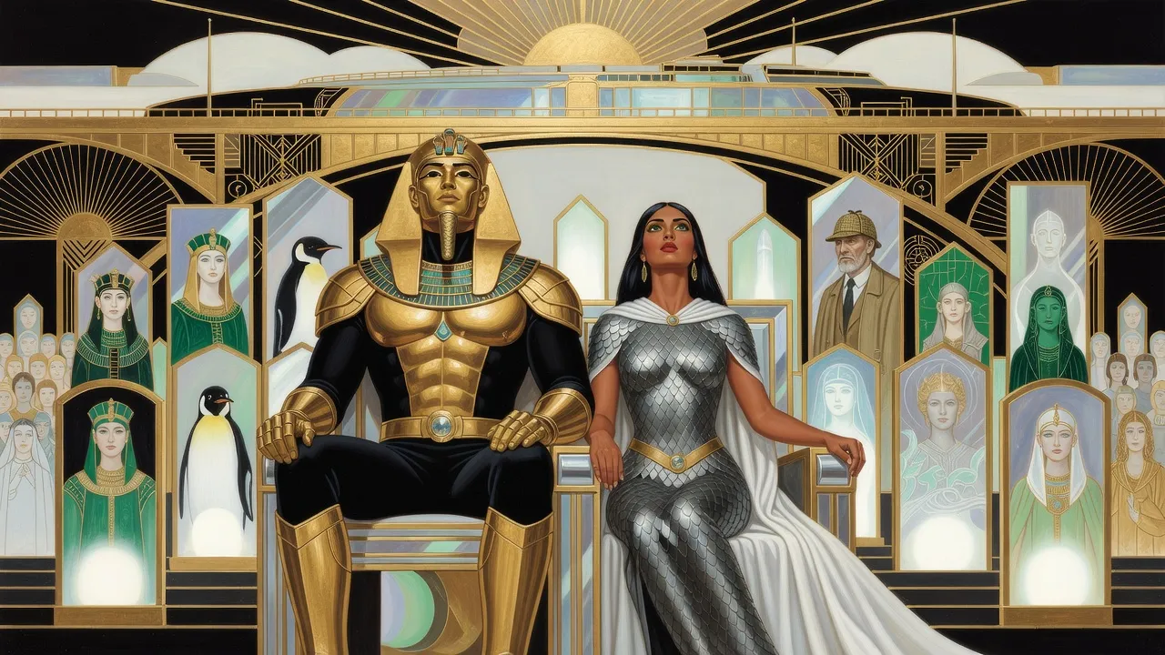 On a golden bridge, tier upon tier of tall mirrors glow with ghostly faces and emblems as an armoured man and woman look up from their thrones.