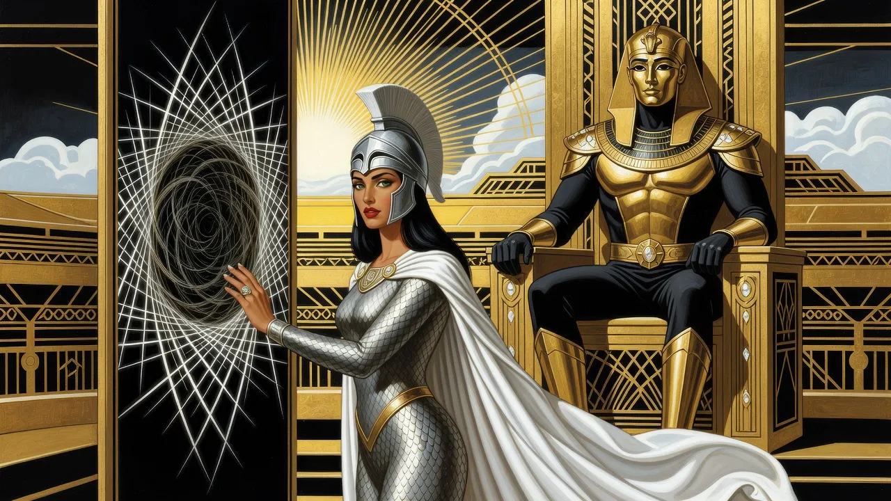 A woman in silver scale armour presses a ring against a black mirror whose dark whirlpool is bursting outward into a growing lattice of white crystalline light.