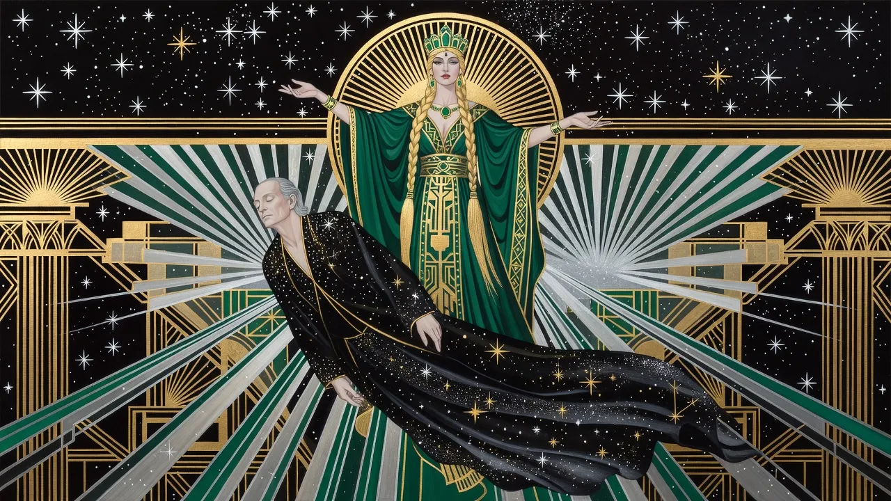 A queen robed in green rises with outstretched arms to catch a pale king clad in starry darkness as he falls out of a winter night sky.