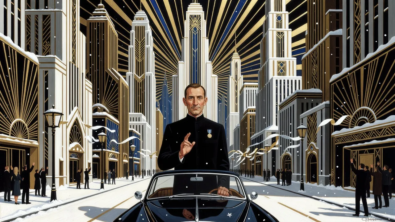 Ticker tape and snow fall together through a canyon of tall Art Deco towers as a soldier stands in an open car, one hand raised.